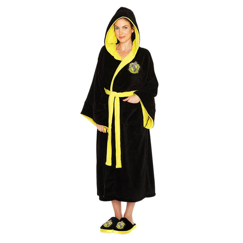 Harry Potter Hufflepuff Ladies Black Fleece Robe with Hood and House /Merch